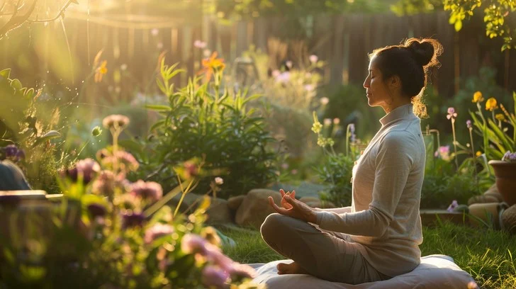 Peaceful morning meditation in nature with blooming flowers